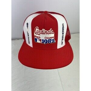 Vtg 1982 St. Louis Cardinals MLB World Champs Red Trucker Hat Lucky Stripes Sz L